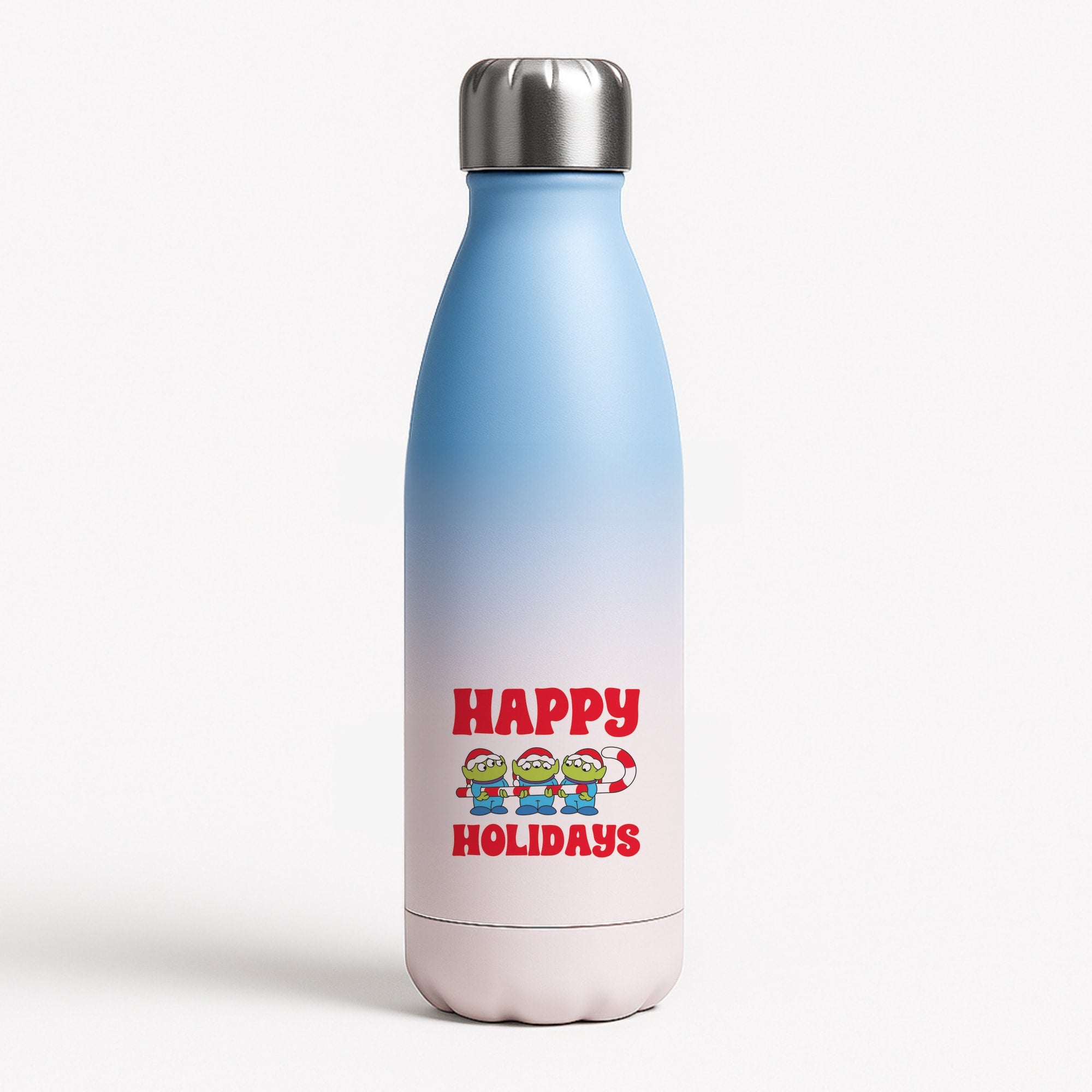 Happy Holidays Cute Green Aliens Blue Water Bottle
