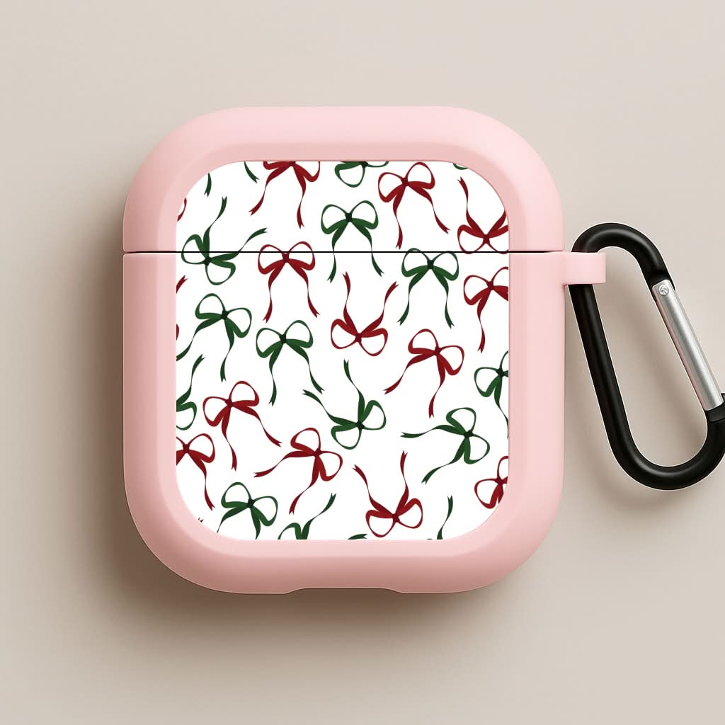 Red And Green Coquette Christmas Bows Pattern Pink AirPods Case