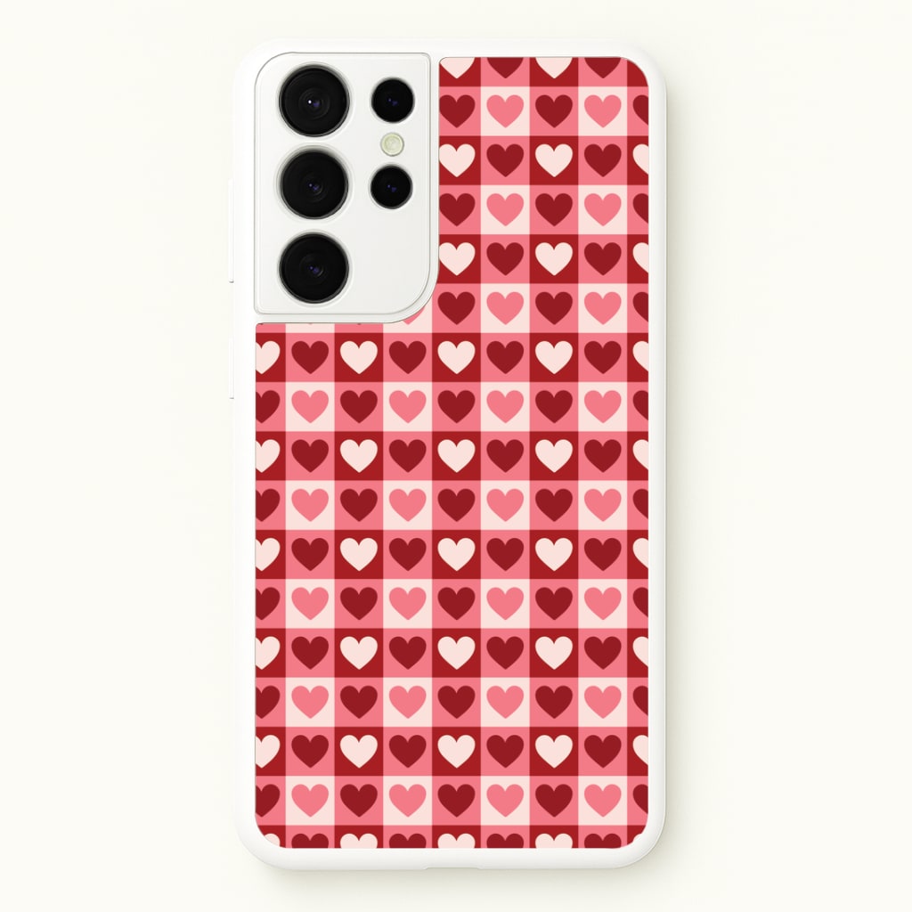 Pink Tartan Love Hearts Pattern Galaxy S21 Ultra Case