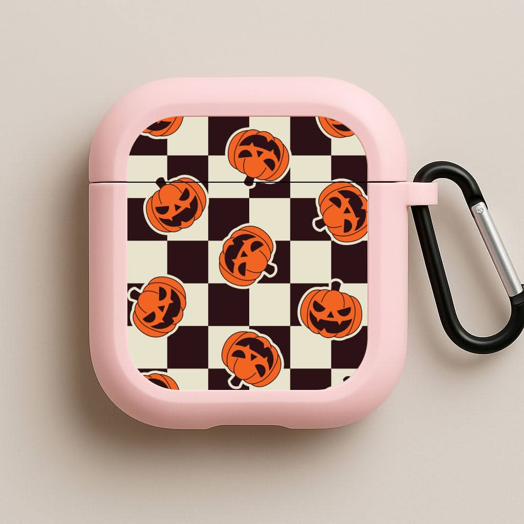 Pumpkin Stickers Checkered Pattern Pink AirPods Case