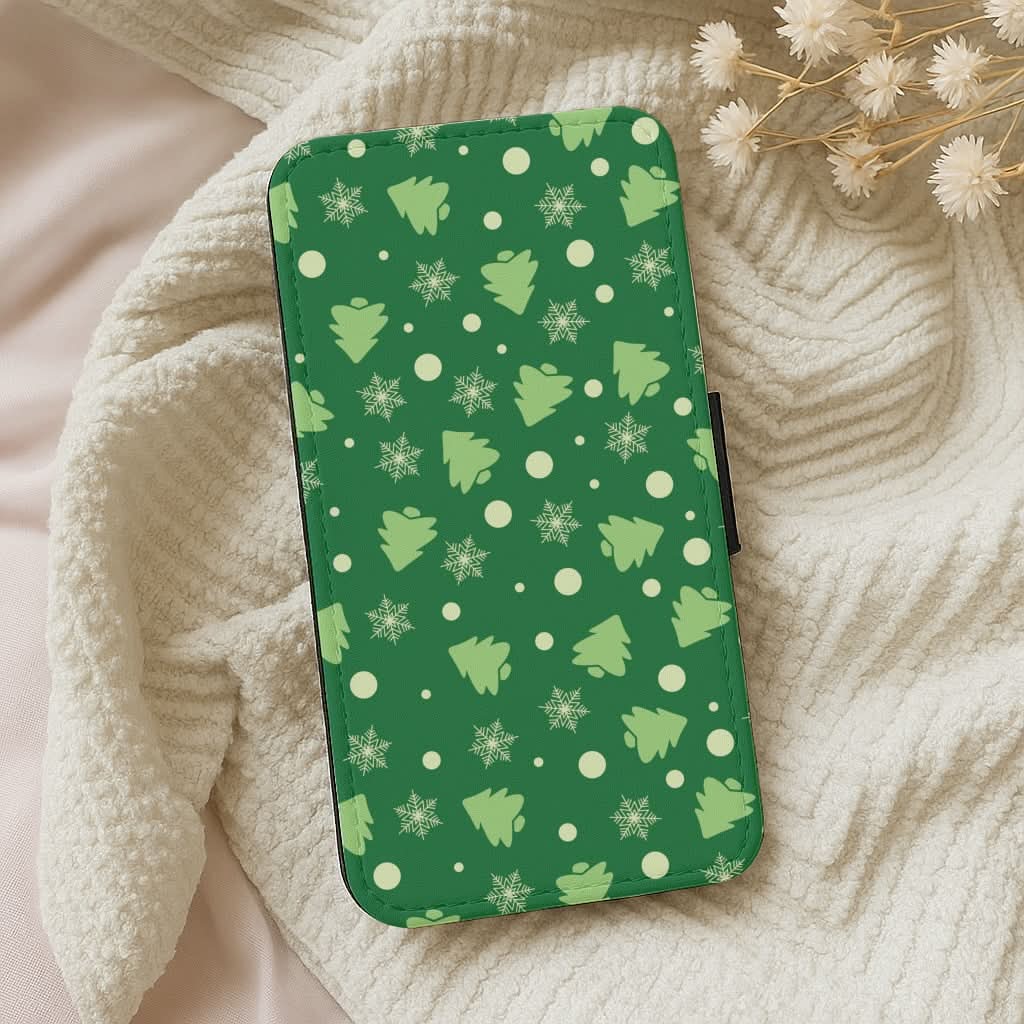 Cartoon Christmas Trees And Snowflakes Pattern Leather Phone Case