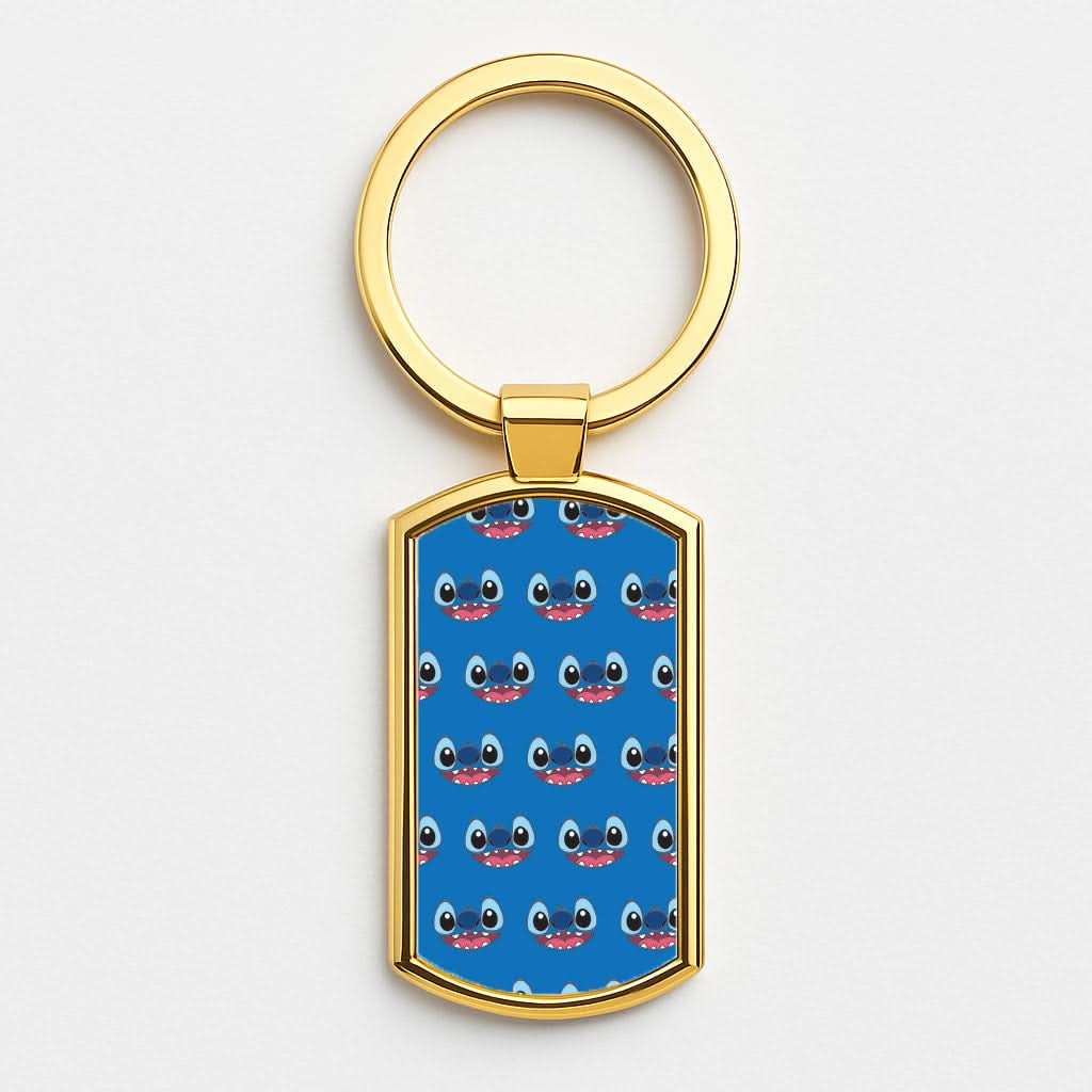 Blue Alien Face Pattern Gold Keyring
