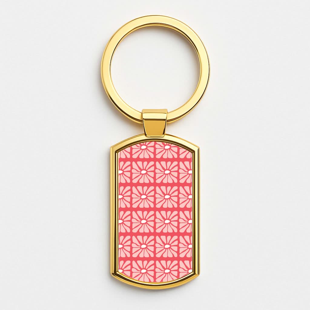 Square Abstract Flowers Pink Gold Keyring