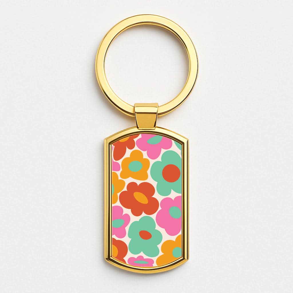 Abstract Trippy Retro Flowers Gold Keyring
