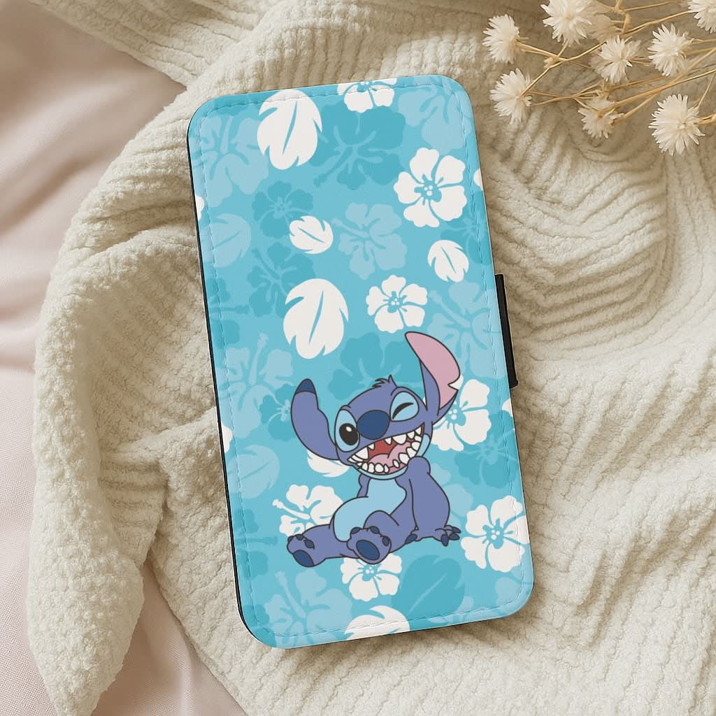 Cute Blue Alien Floral Pattern Leather Phone Case
