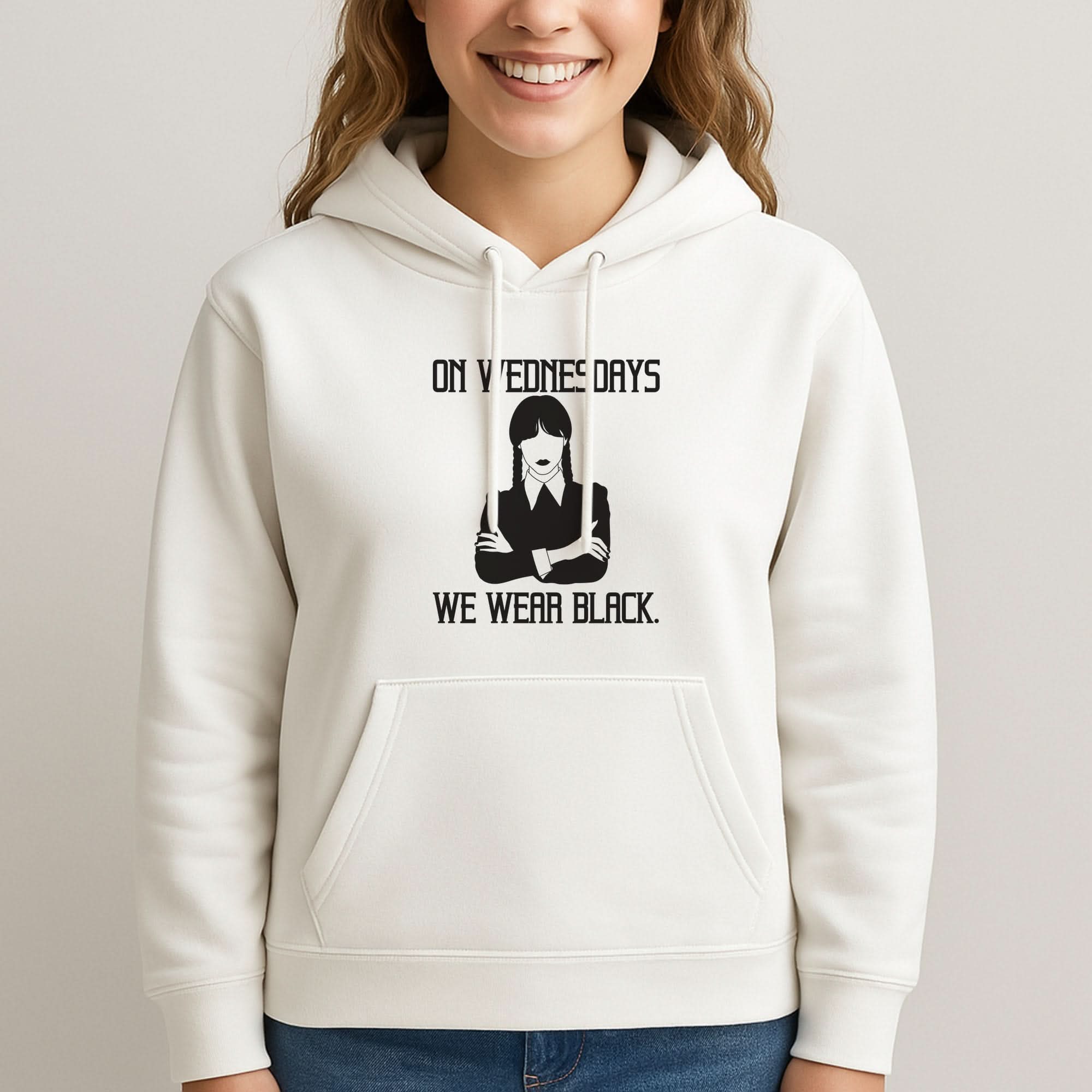 On Wednesdays We Wear Black Womans Hooded Sweatshirt