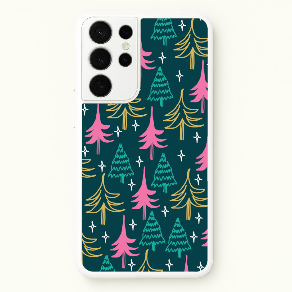 Colourful Sketched Christmas Trees Pattern Galaxy S21 Ultra Case