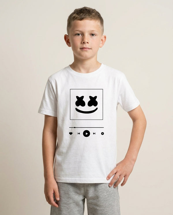 Helmet DJ Album Cover Kids T-Shirt — White Front, worn