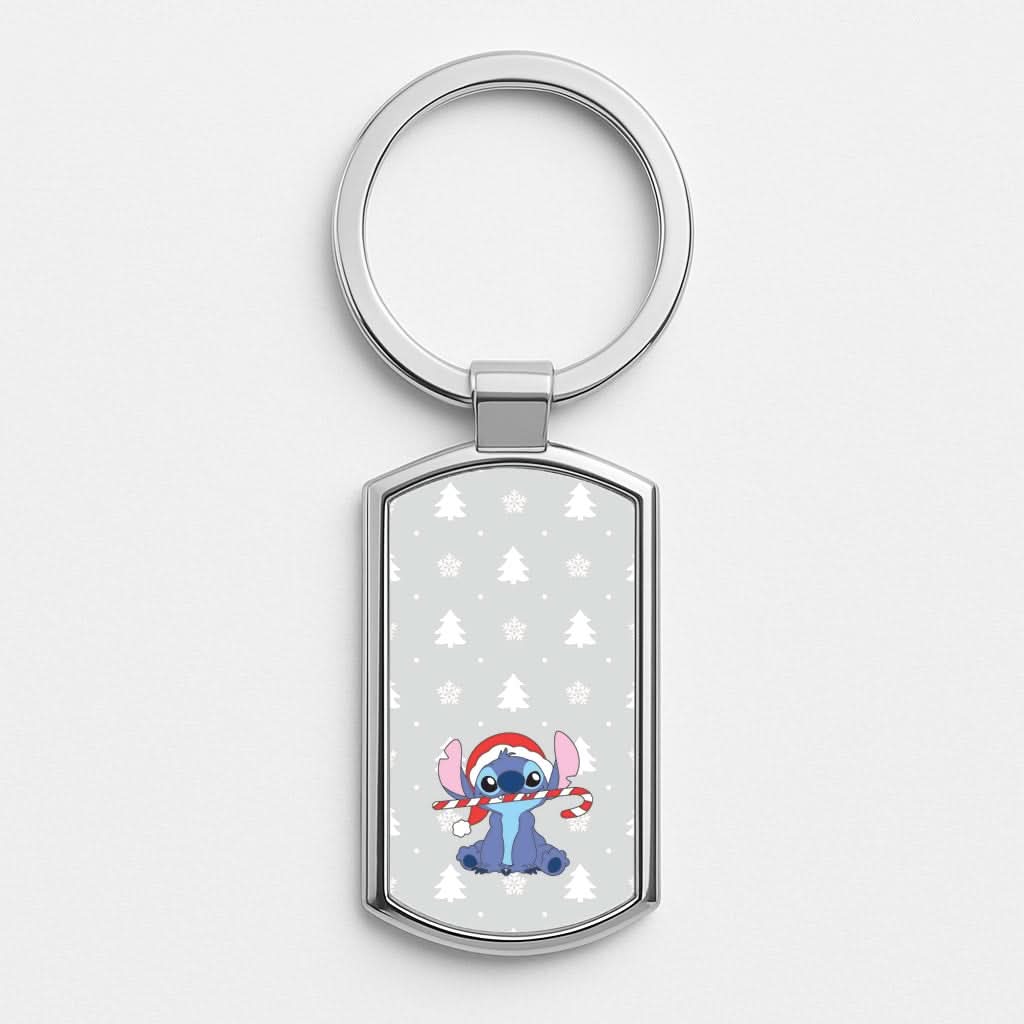 Cute Blue Alien Candycane Silver Metal Keyring