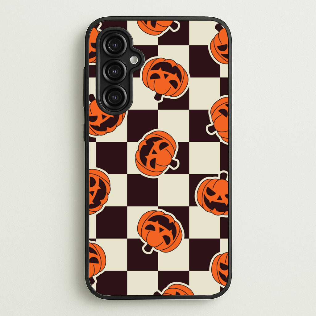 Pumpkin Stickers Checkered Pattern Galaxy A14 Case