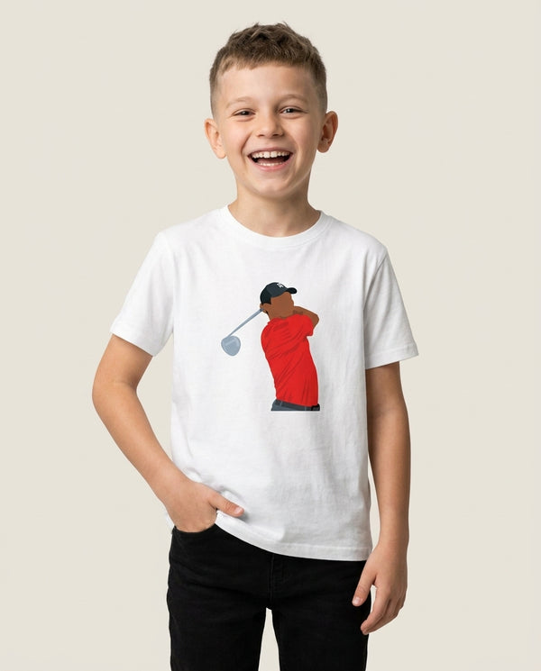Tiger - Golf Kids T-Shirt — White Front, worn