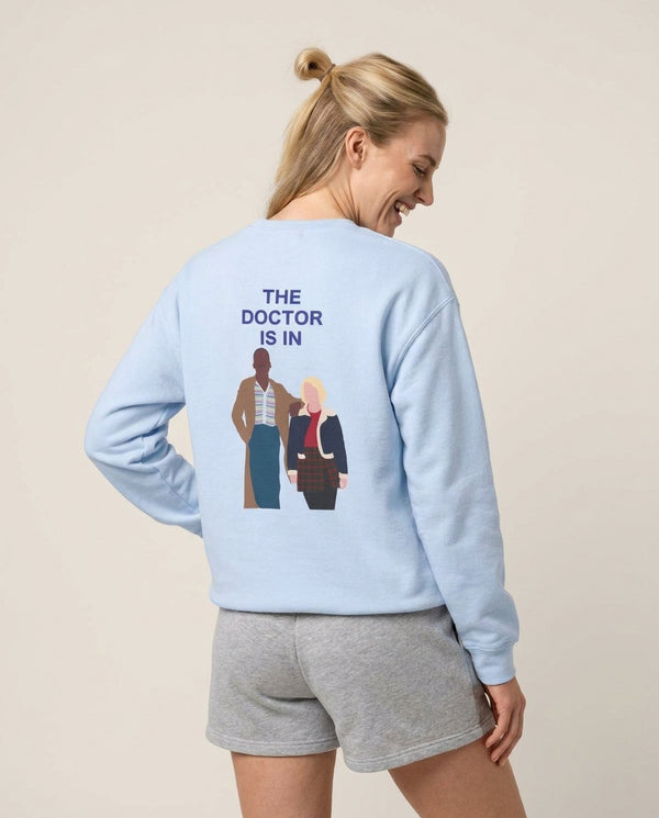 The Doctor Is In - Doctor Who Sweatshirt — Blue Back, worn