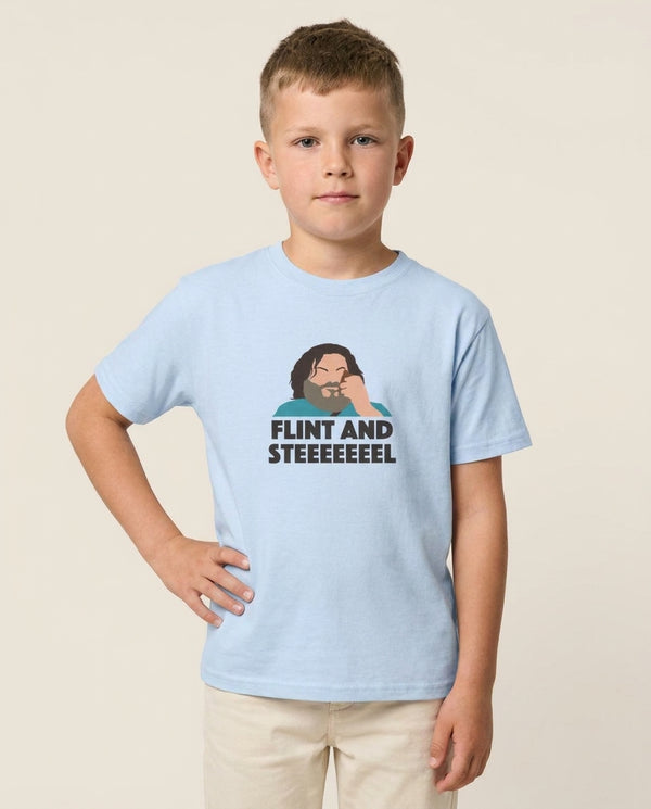 Flint And Steel Kids T-Shirt — Blue Front, worn