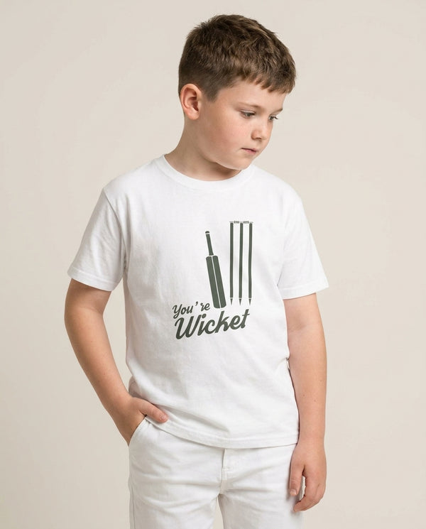 You're Wicket Kids T-Shirt — White Front, worn