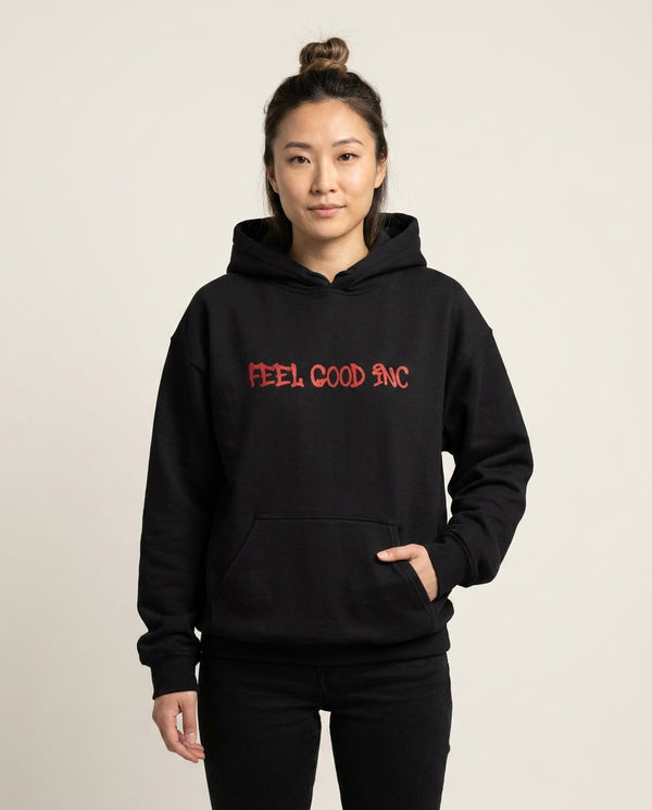 Feel Good Inc Hoodie — Black Front, worn