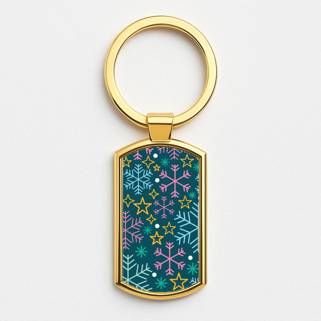 Colourful Christmas Symbols Pattern Gold Keyring
