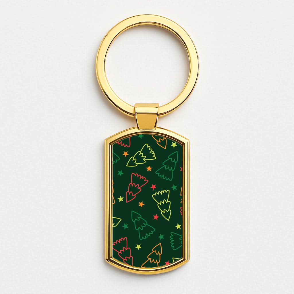 Colourful Christmas Tree Outlines Pattern Gold Keyring