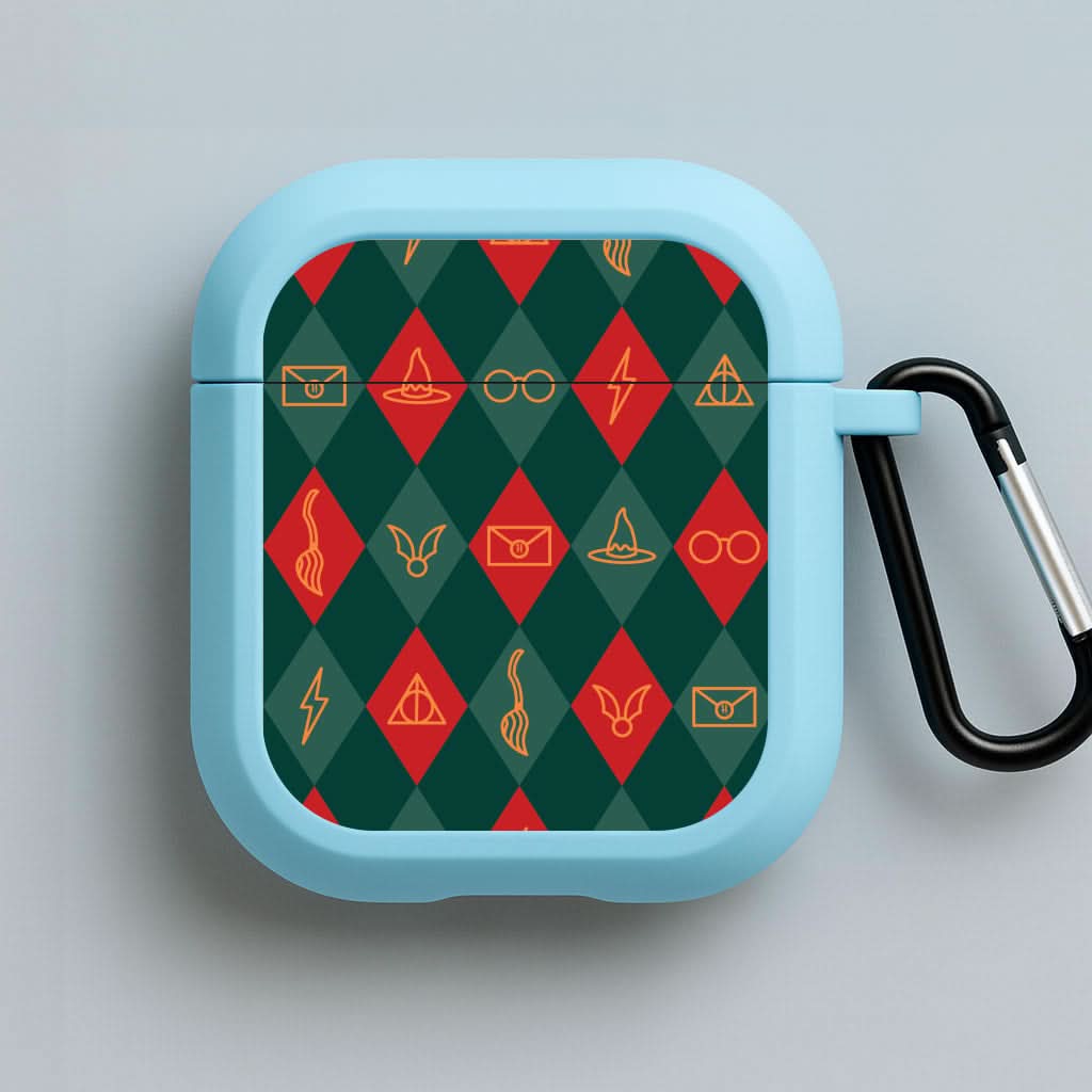 Christmas Wizard Icons Argyle Pattern Blue AirPods Case