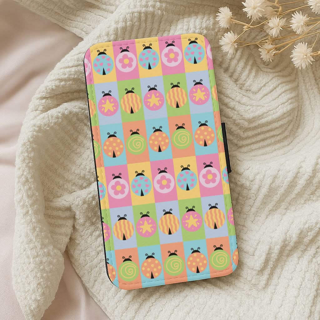 Cartoon Ladybugs Colourful Pattern Leather Phone Case