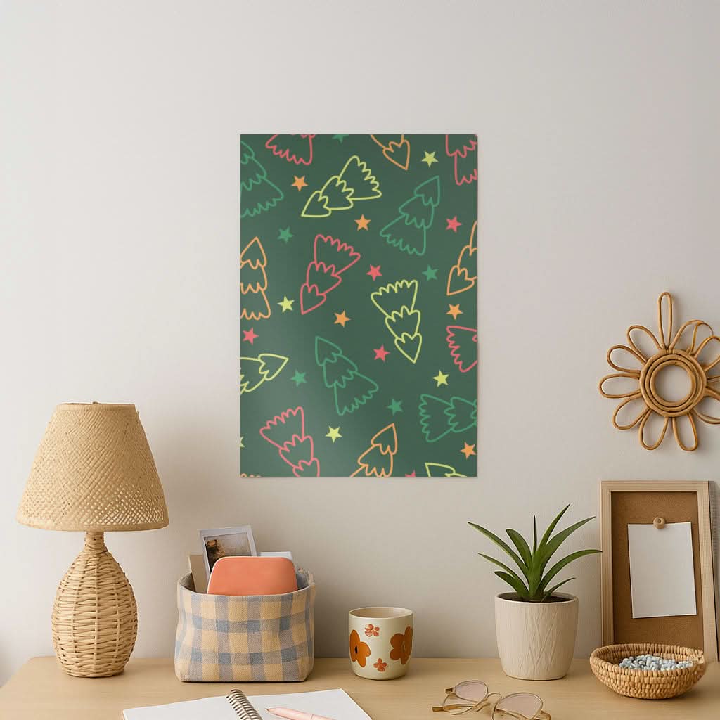 Colourful Christmas Tree Outlines Pattern Art Print