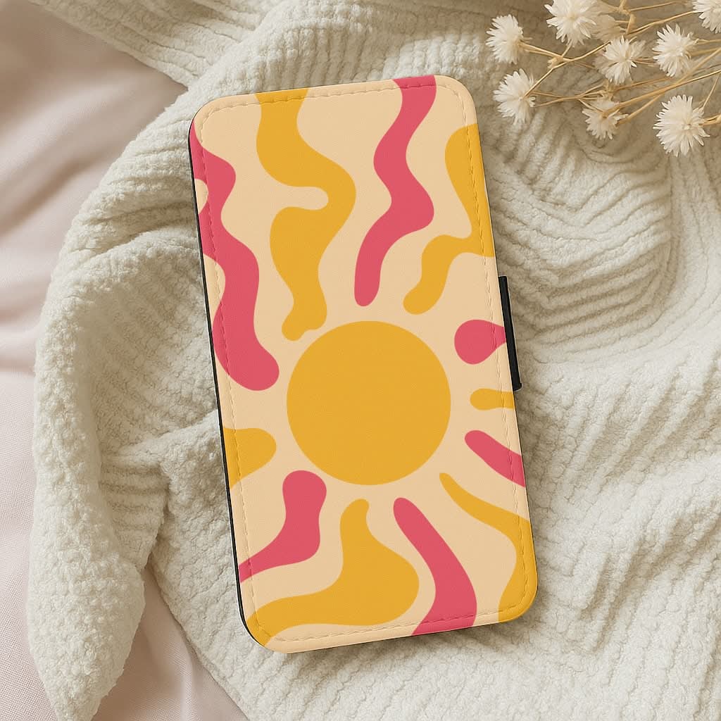 Yellow And Pink Abstract Sun Leather Phone Case