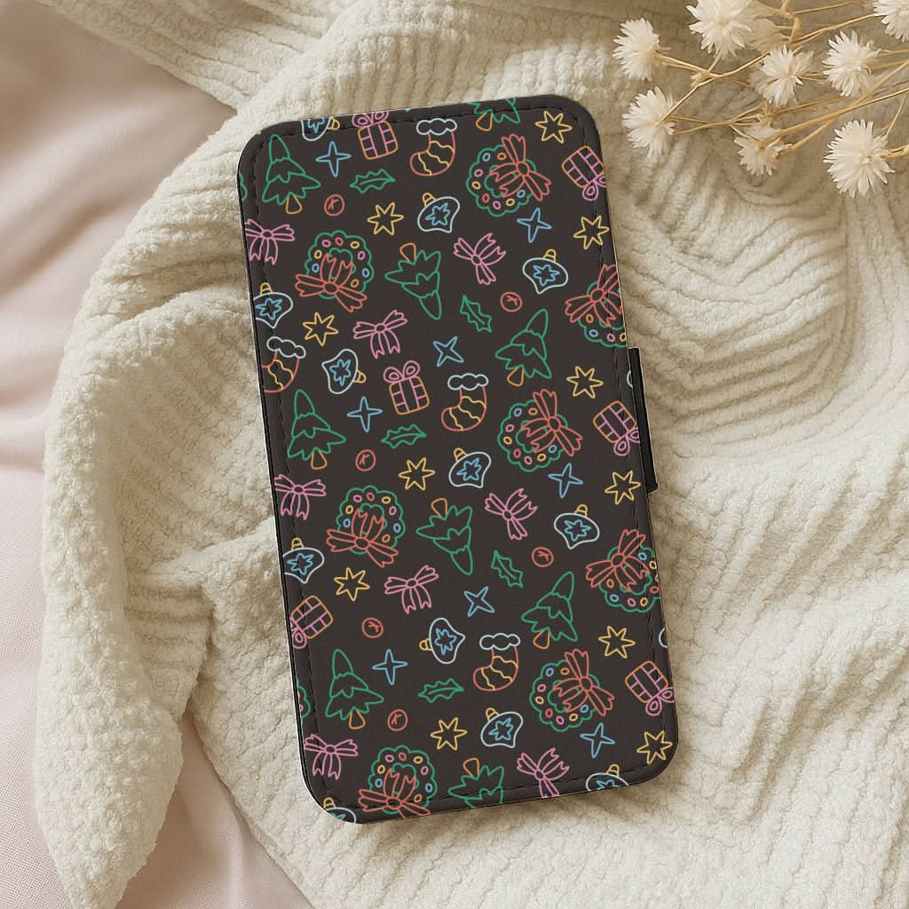 Neon Christmas Icons Pattern I Leather Phone Case