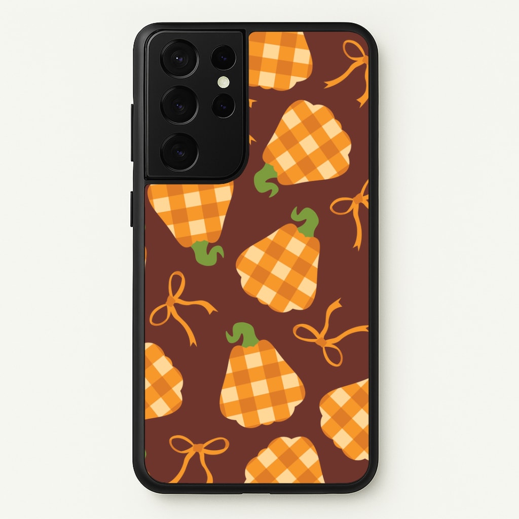 Tartan Pumpkins And Bows Pattern Galaxy S21 Ultra Case