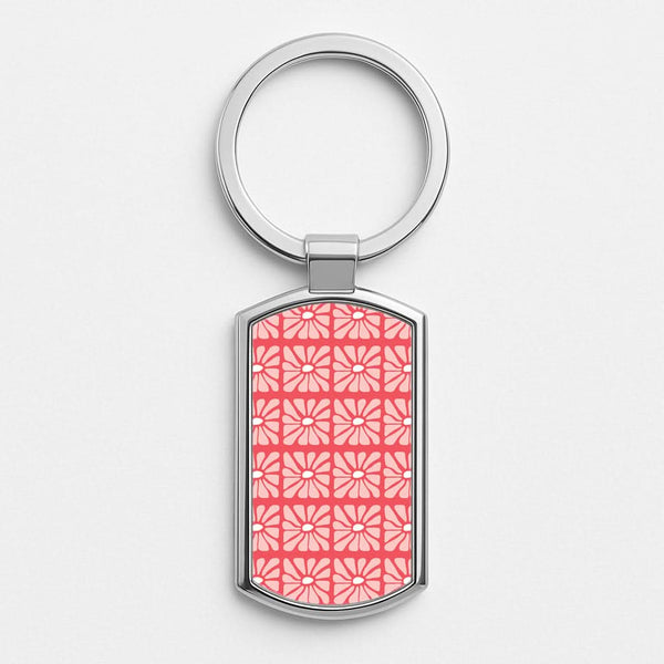 Square Abstract Flowers Pink Silver Metal Keyring