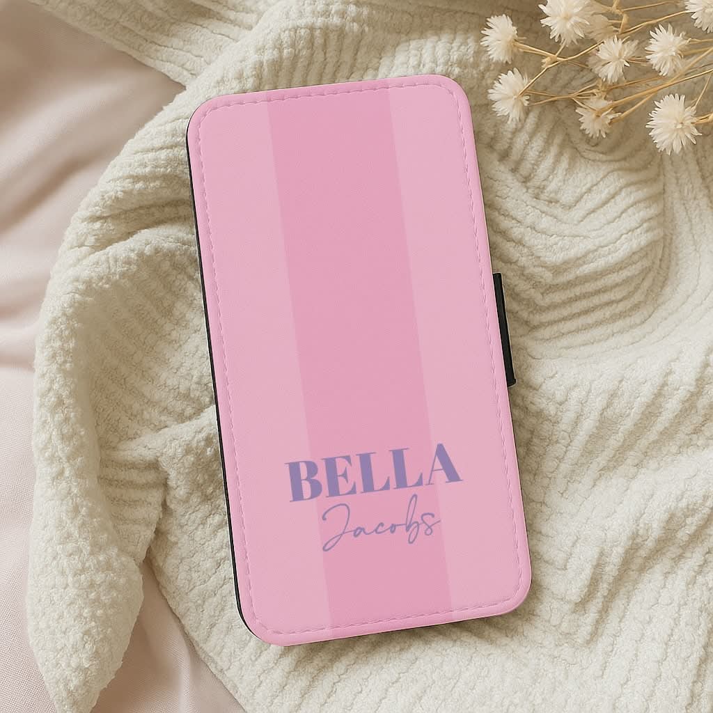 Pink Stripe Personalised Name Leather Phone Case