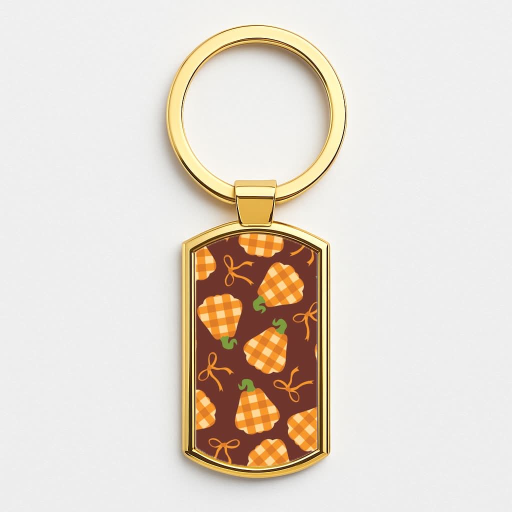 Tartan Pumpkins And Bows Pattern Gold Keyring