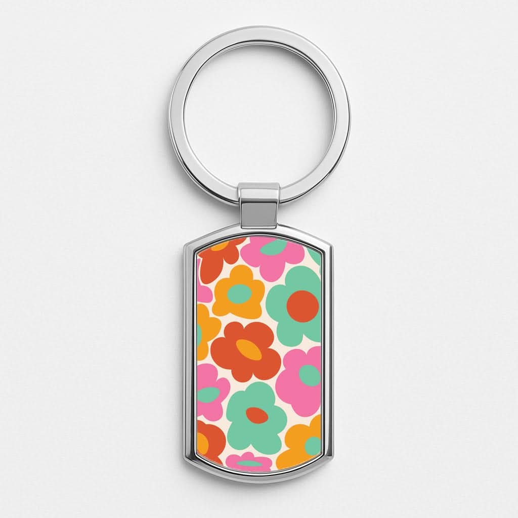 Abstract Trippy Retro Flowers Silver Metal Keyring