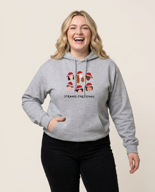 Strange Crew Christmas Hoodie — Grey Front, worn