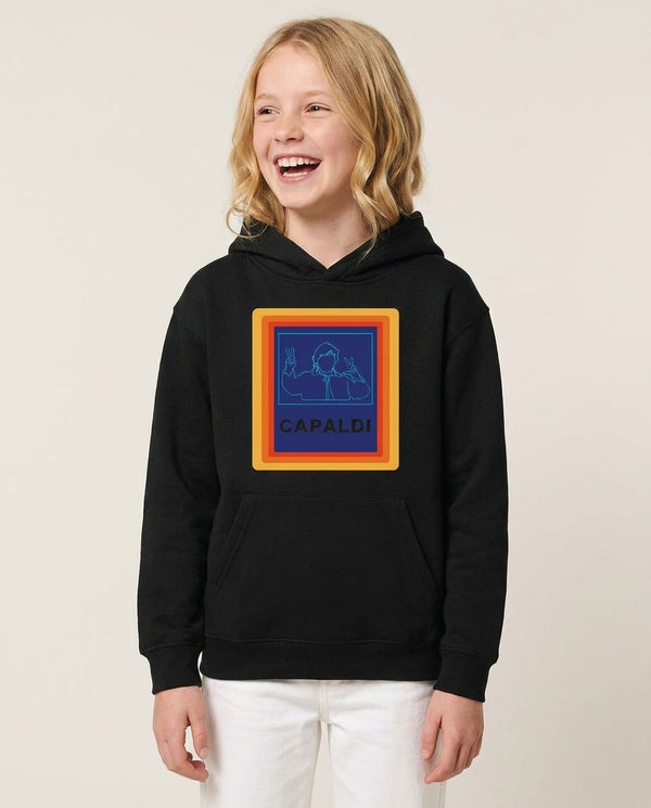 Capaldi Kids Hoodie — Black Front, worn