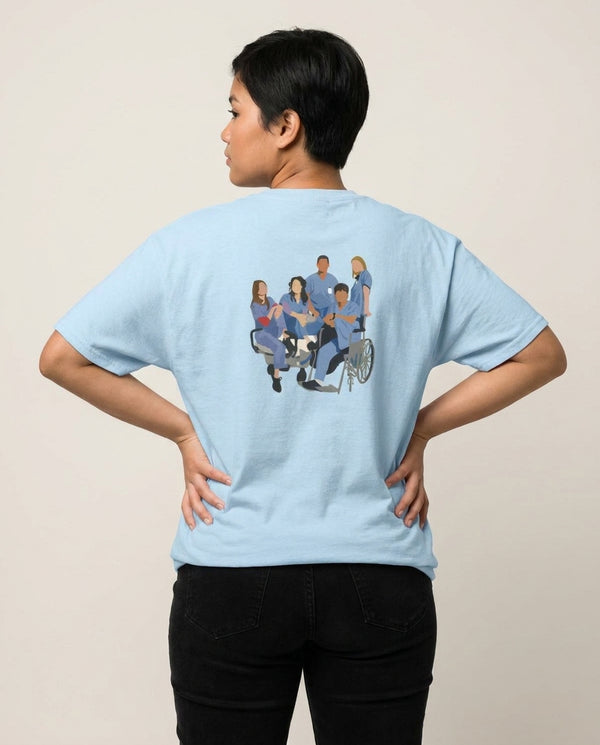Greys Cast T-Shirt — Blue Back, worn