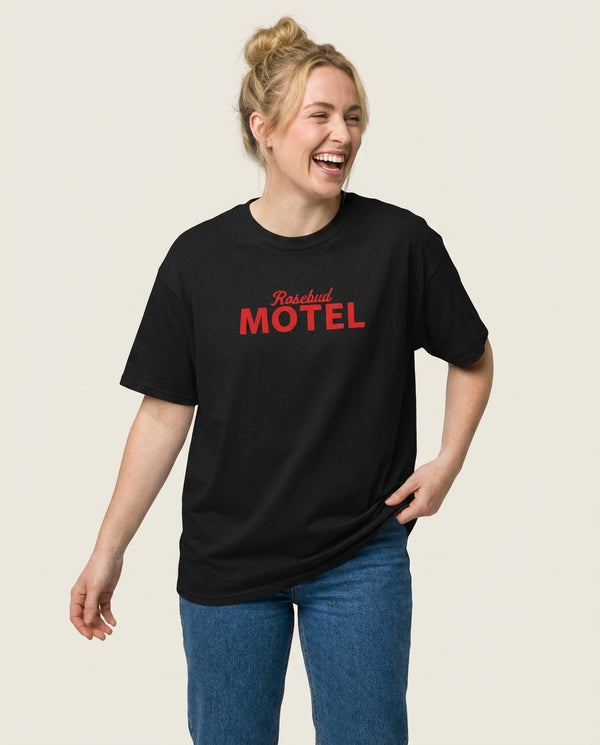 Rosebud Motel T-Shirt — Black Front, worn