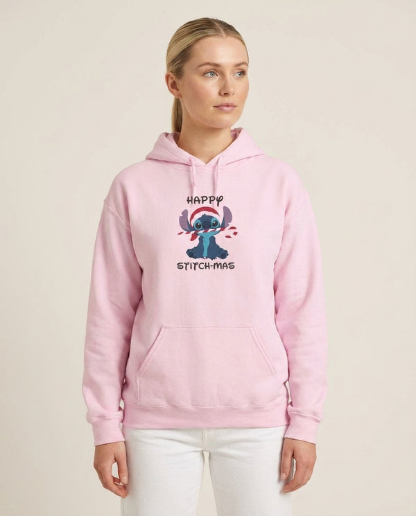 Happy Blue Alienmas - Christmas Hoodie — Pink Front, worn