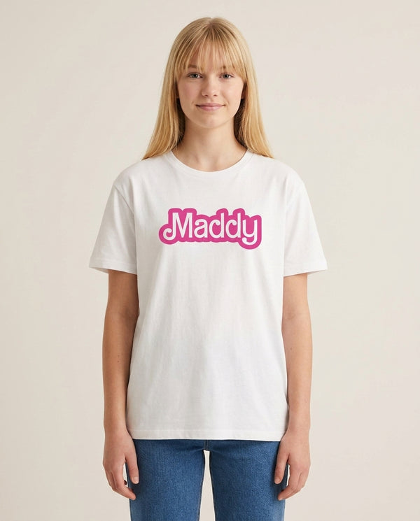 Personalised Doll T-Shirt — White Front, worn