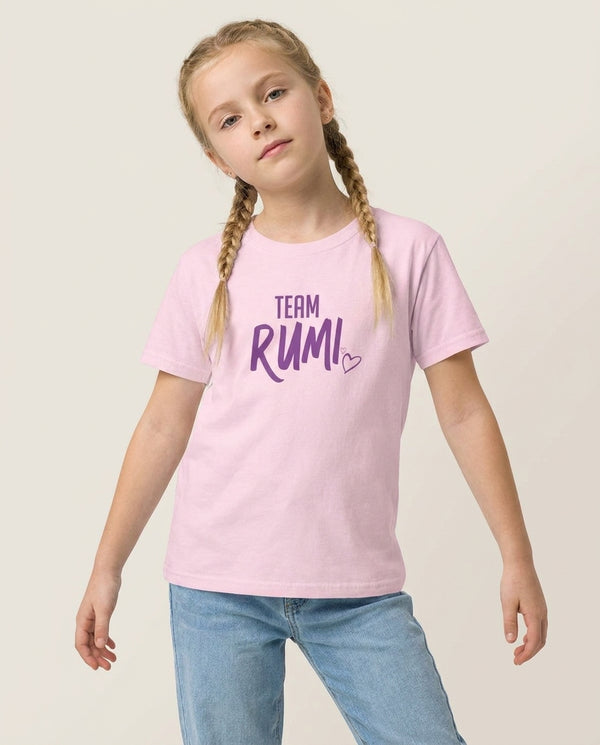 Team Rumi Kids T-Shirt — Pink Front, worn