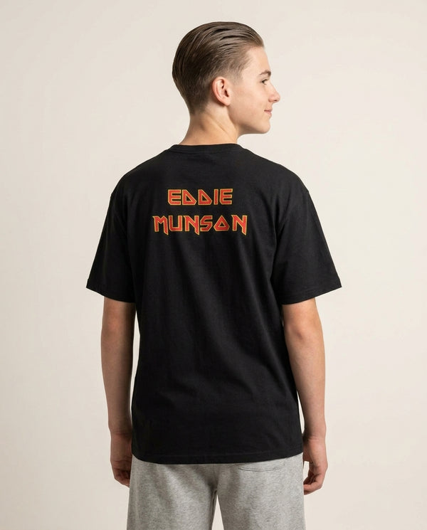 Eddie Munson Text T-Shirt — Black Back, worn