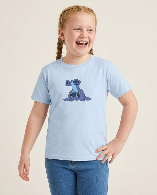 Cute Blue Alien Handstand Kids T-Shirt — Blue Front, worn
