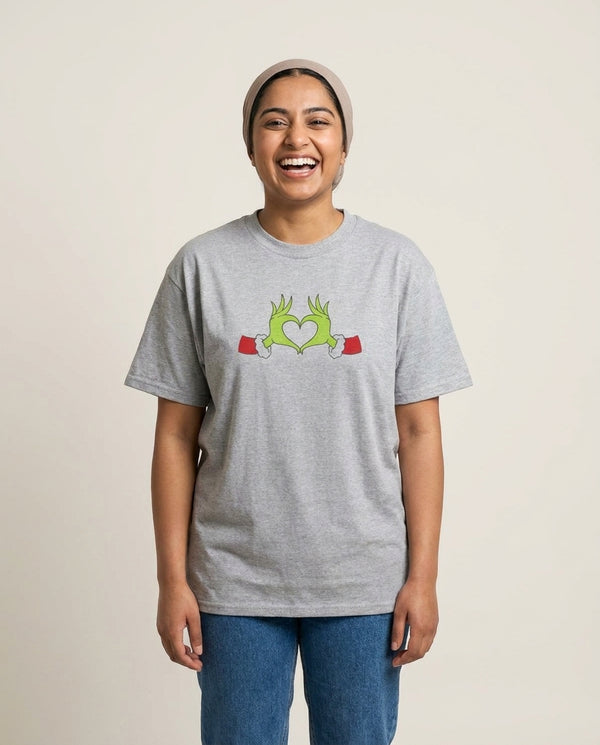 Christmas Green Heart T-Shirt — Grey Front, worn