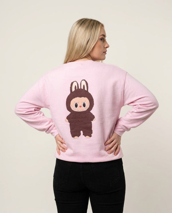 Cute Brown Monster Sweatshirt — Pink Back, worn