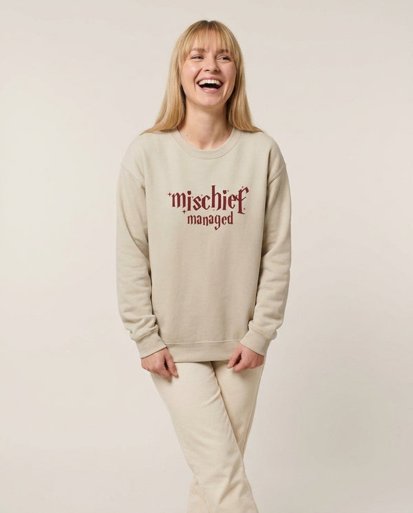 Mischief Sweatshirt — Sand Front, worn