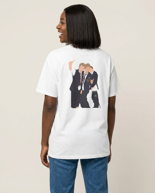 School Clothes - Bust Band T-Shirt — White Back, worn