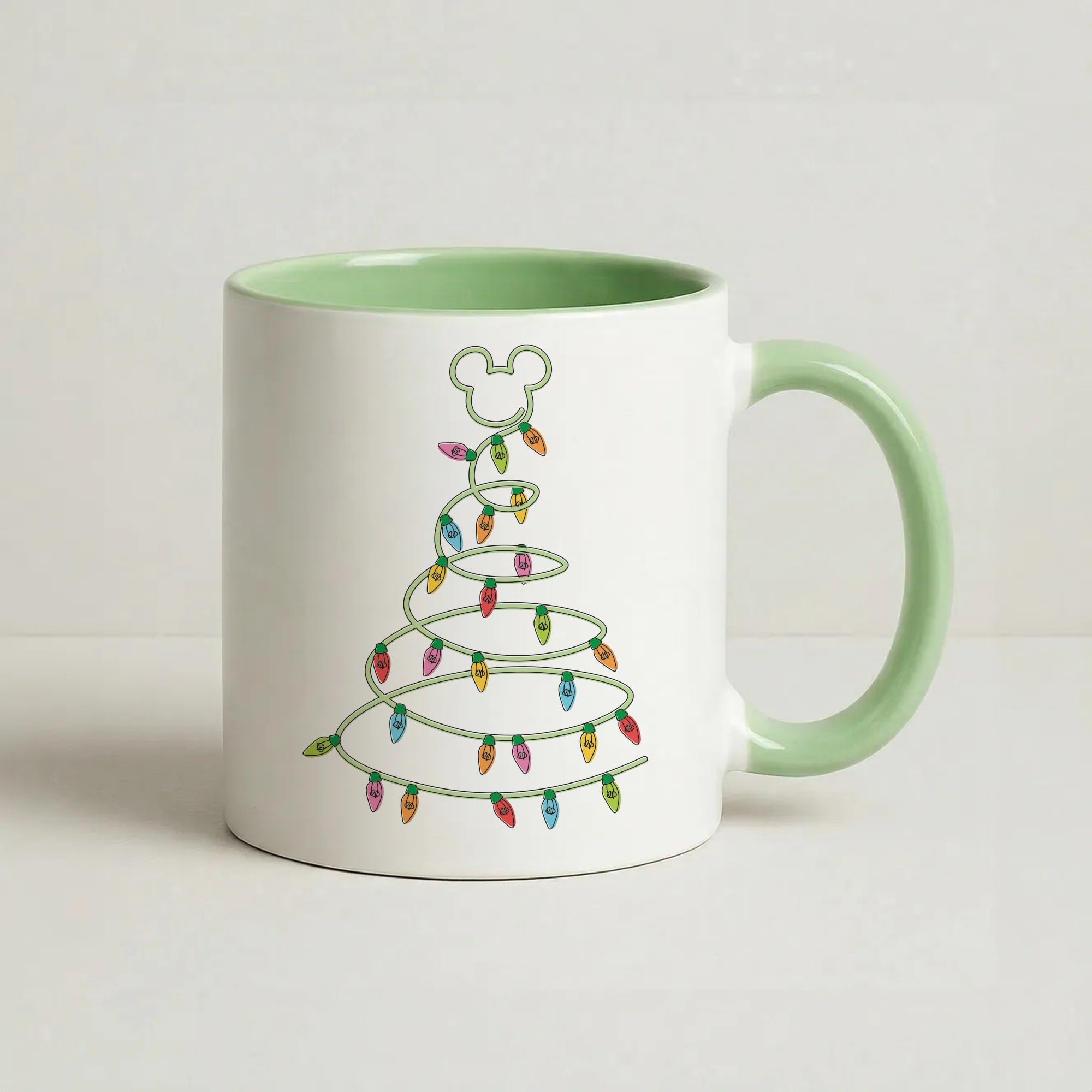 Cartoon Mouse Christmas Tree Lights Coffee Green Mug