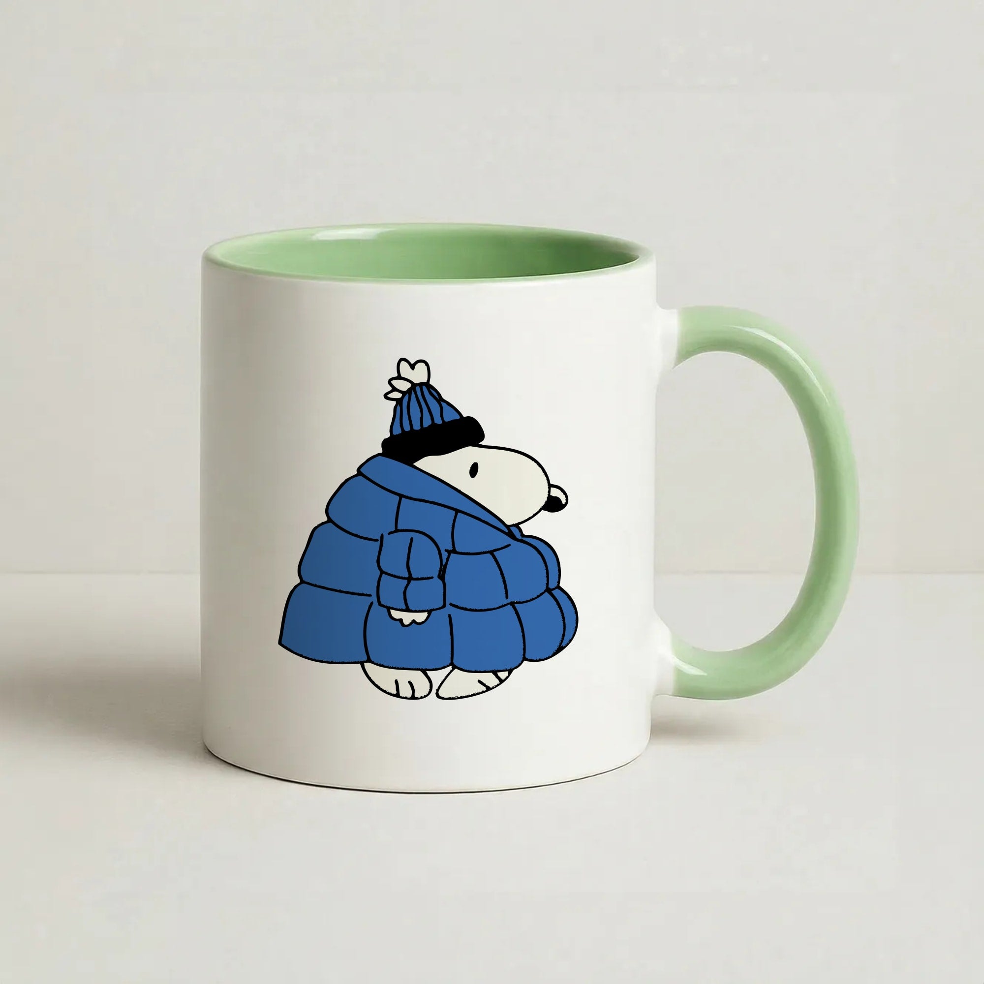 Cartoon Beagle Puffer Jacket Blue Coffee Green Mug