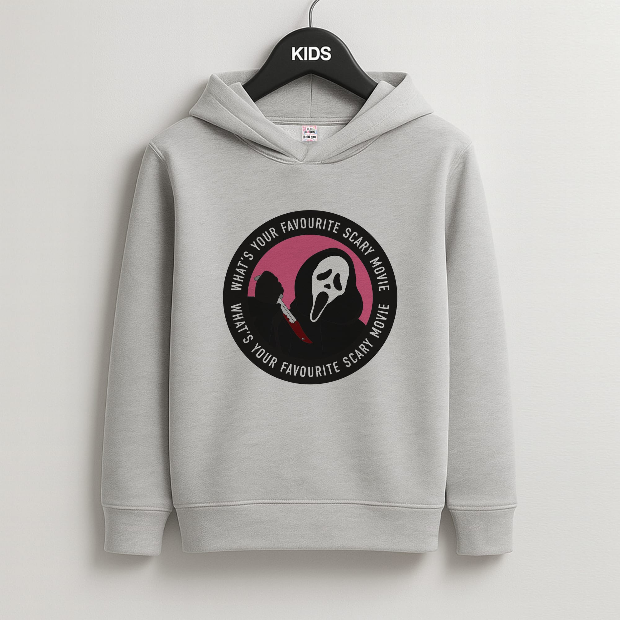 What's Your Favourite Scary Movie Badge Kids Grey Hoodie
