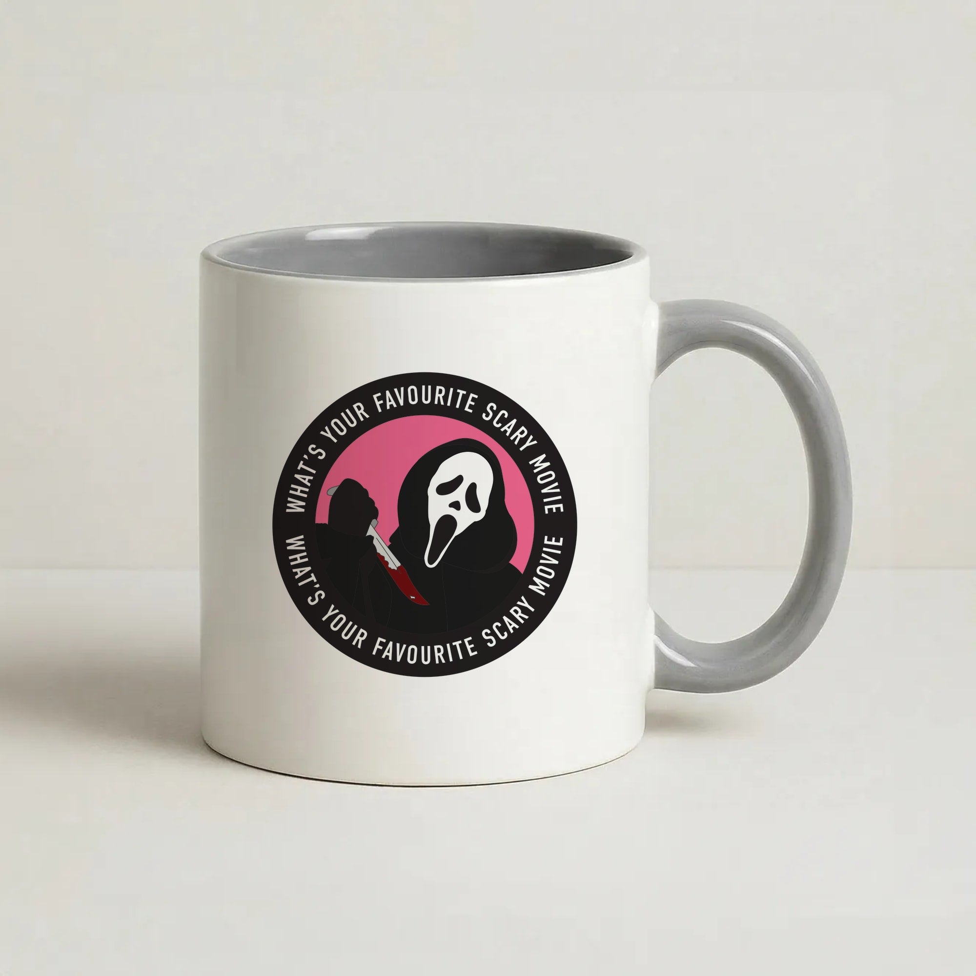 What's Your Favourite Scary Movie Badge Coffee Grey Mug