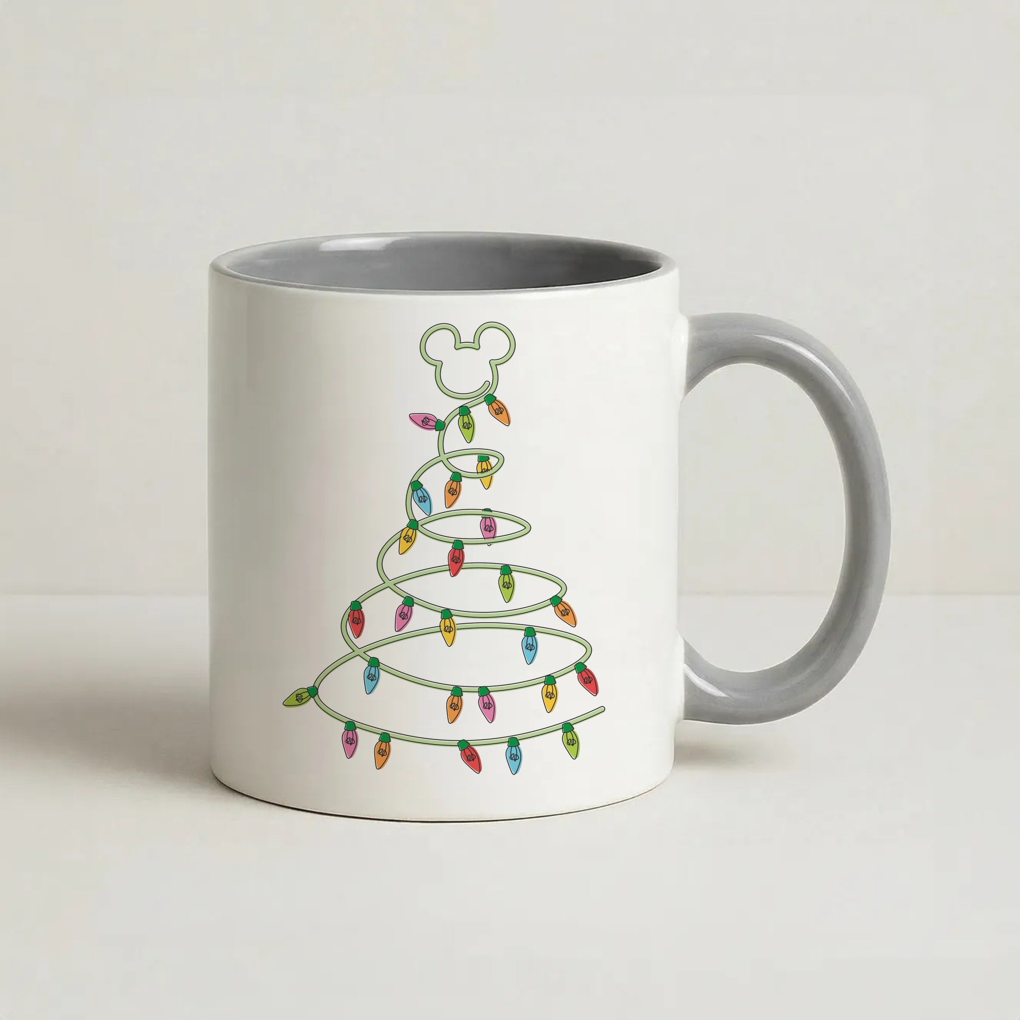 Cartoon Mouse Christmas Tree Lights Coffee Grey Mug