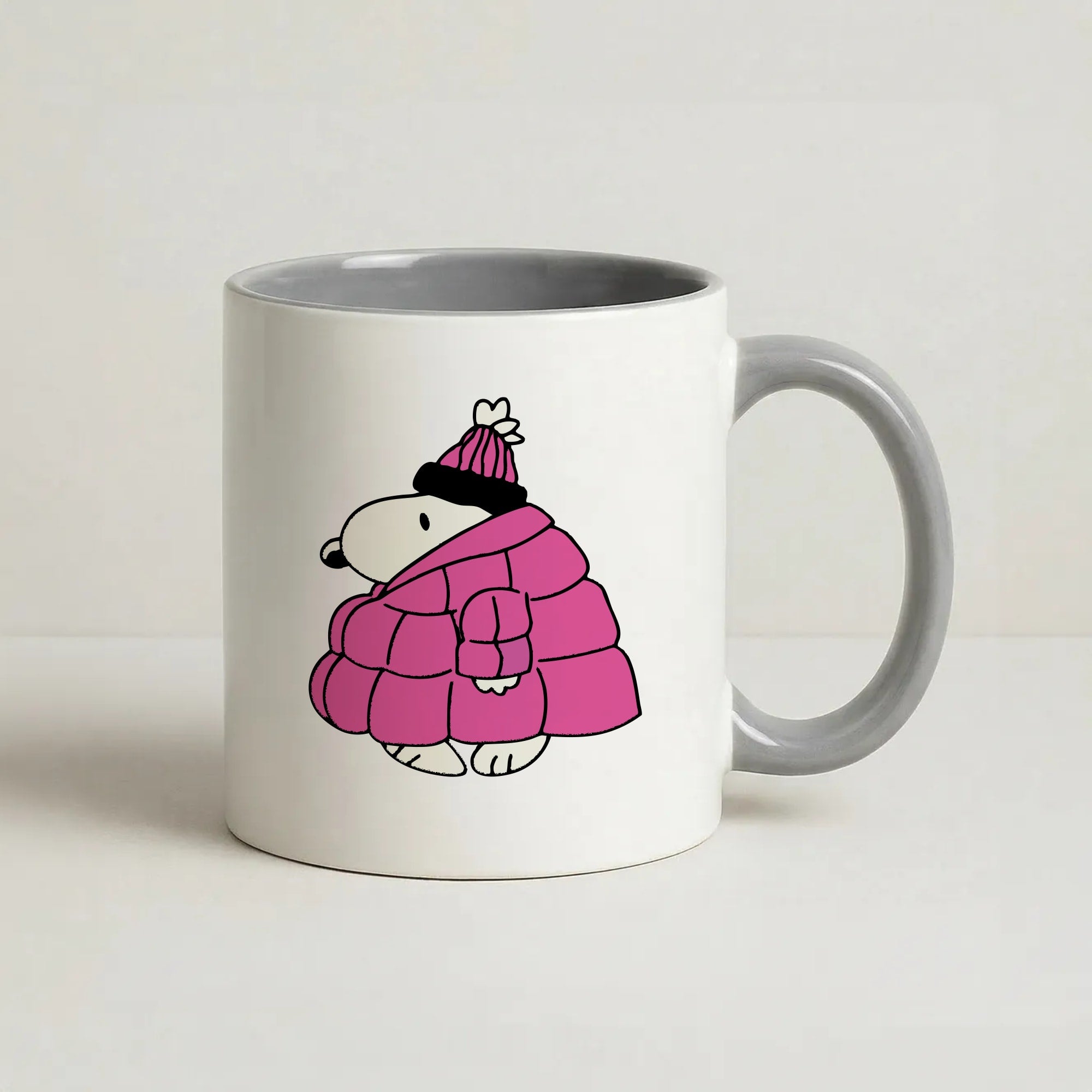 Cartoon Beagle Puffer Jacket Black Coffee Grey Mug